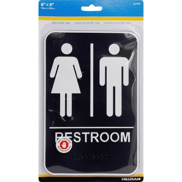 Hillman HILLMAN English Black Restroom Plaque 9 in. H X 6 in. W, PK3 844149 - main